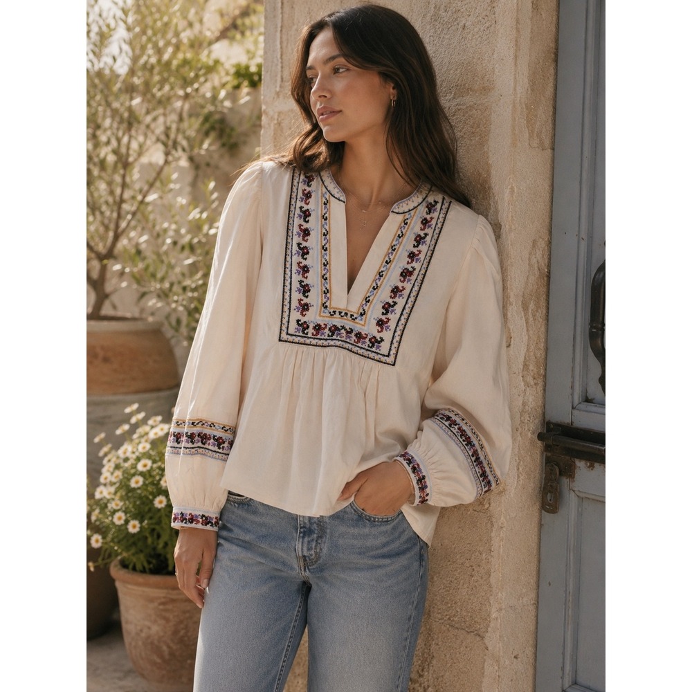 Pinch Women's Small Embroidered Boho Peasant Blouse Cream Puff Sleeve Folk